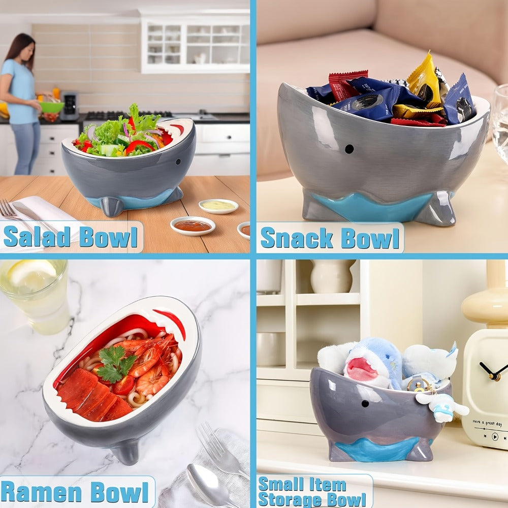 40 oz Handmade Ceramic Shark Ramen Bowl in Gray for Soup, Snacks, Fruit and Entryway Storage