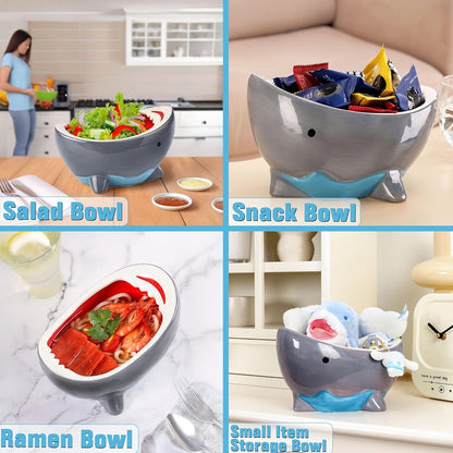 40 oz Handmade Ceramic Shark Ramen Bowl in Gray for Soup, Snacks, Fruit and Entryway Storage