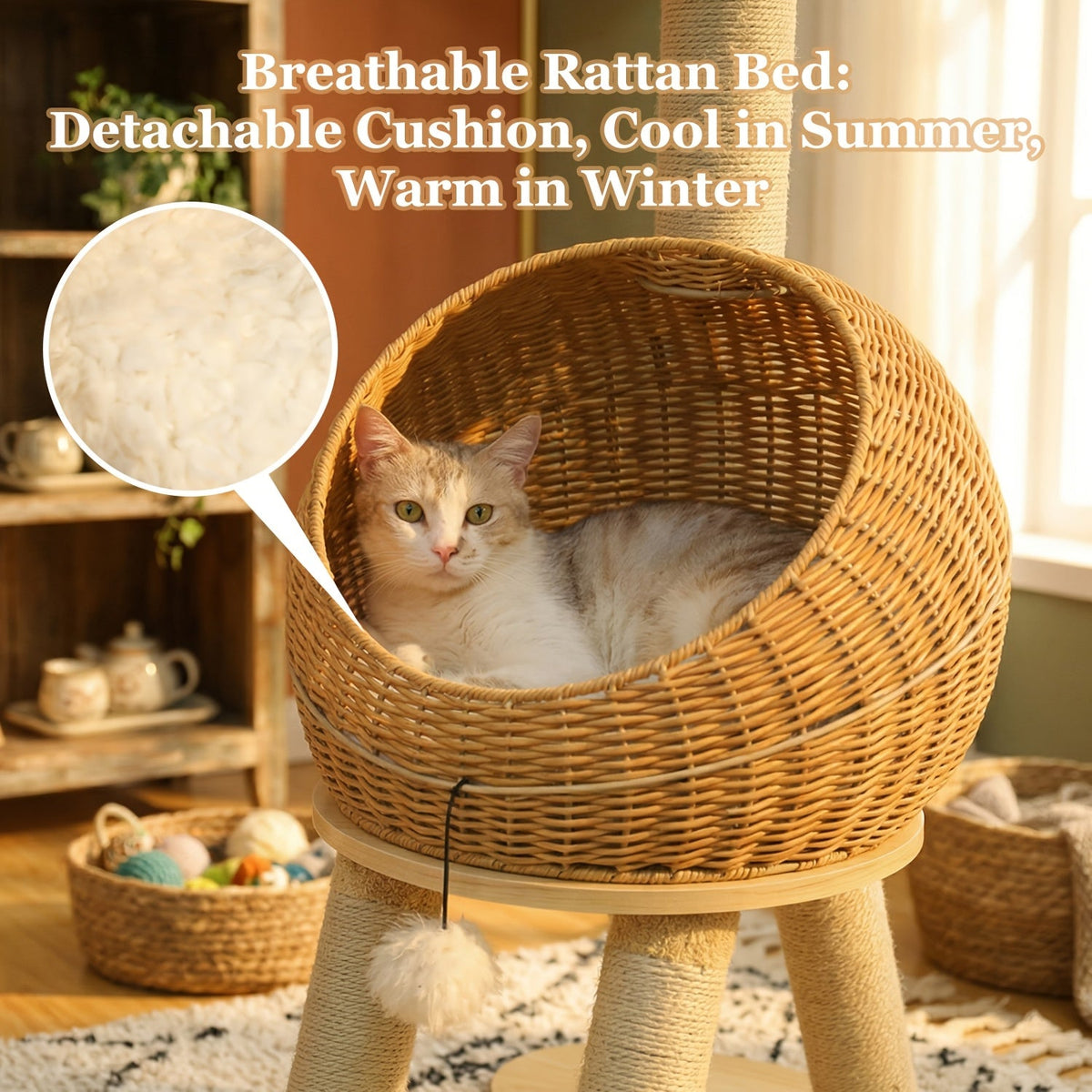 Brown 46-Inch Dinosaur Cat Tree with Woven Pod Bed, Four Sisal-Wrapped Posts and Removable Cushion