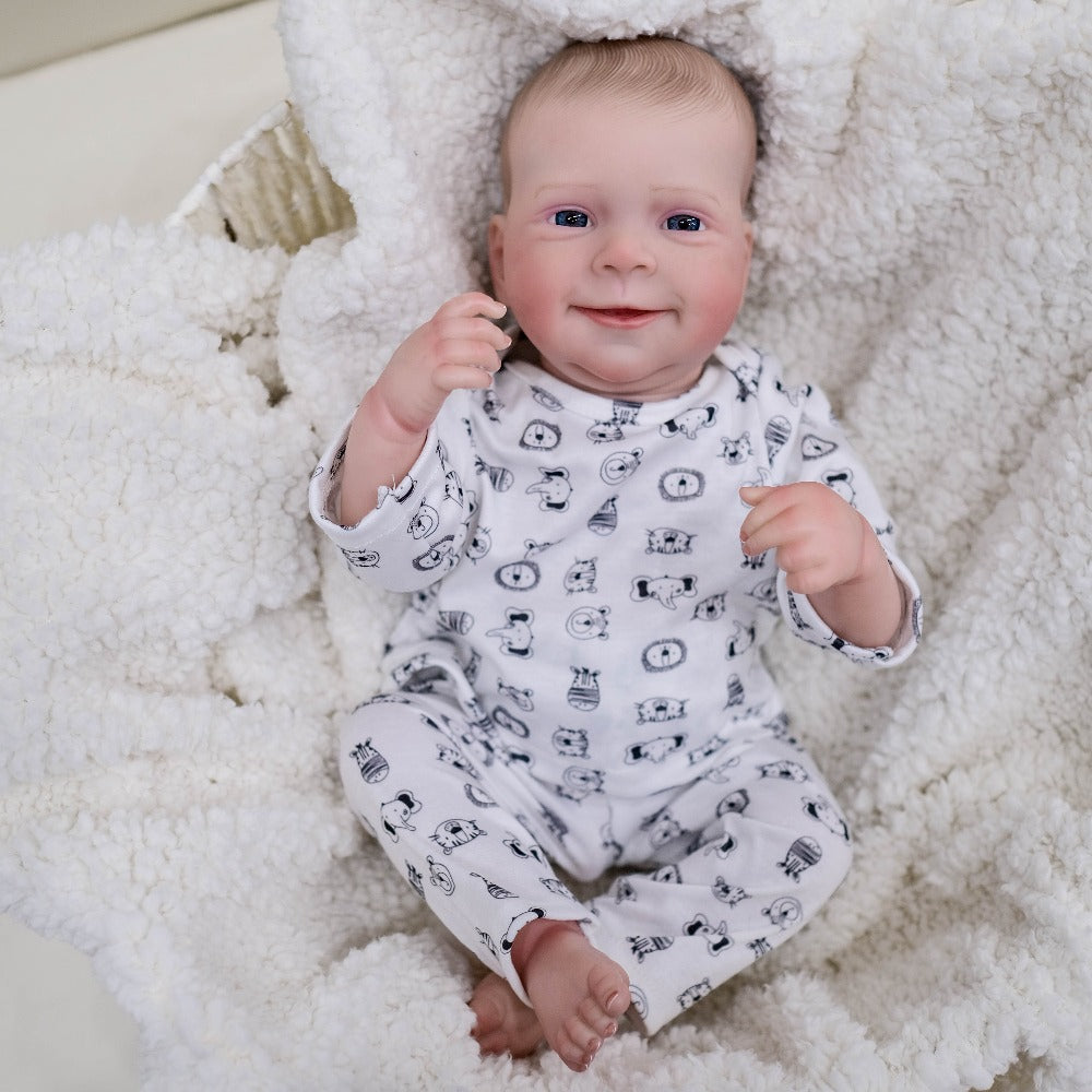 Reborn Doll, 19-Inch Cloth-Body Smiling Figure with Vinyl Head and Limbs, Printed Outfit and Bottle