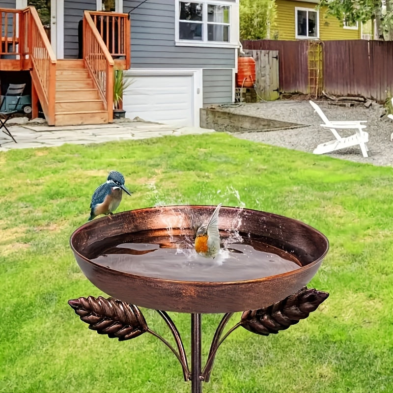 Garden Bird Station Options with 87.99-Inch Four-Hook Pole, Round Feeder or Leaf-Accent Bath