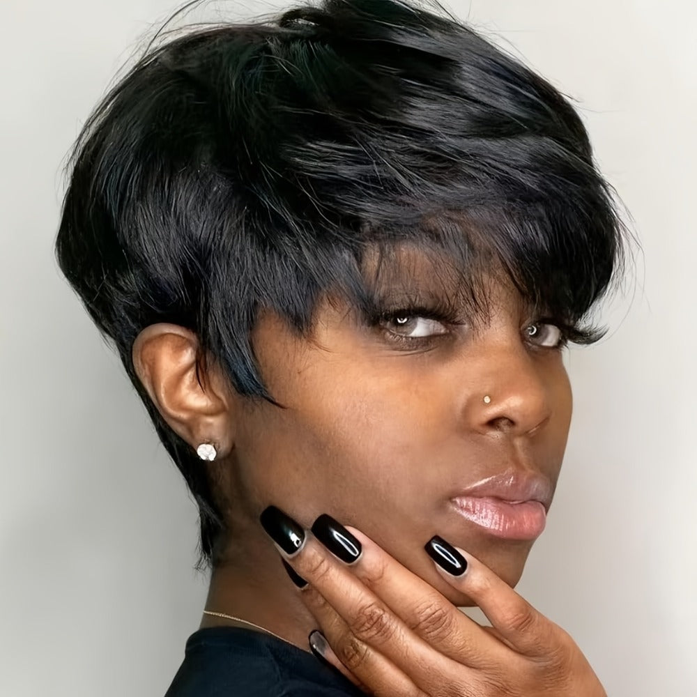 Brazilian Human Hair Pixie Cut Wig 150% Density Short Straight Machine Made Rose Net Cap Glueless Natural Black 4 Inch | Beginner Friendly Easy Wear Women