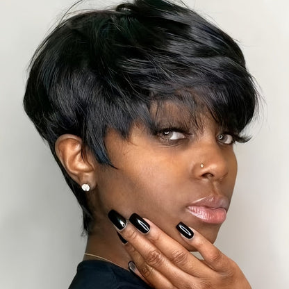 Brazilian Human Hair Pixie Cut Wig 150% Density Short Straight Machine Made Rose Net Cap Glueless Natural Black 4 Inch | Beginner Friendly Easy Wear Women