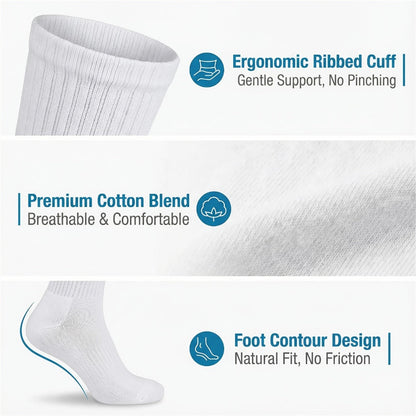 Multicolor Diabetic Crew Socks 12 Pairs Cotton Non-Binding Neuropathy Seamless Cushioned Loose Fit for Men Women Sensitive Feet Edema White Black Grey Size 9-11 10-13