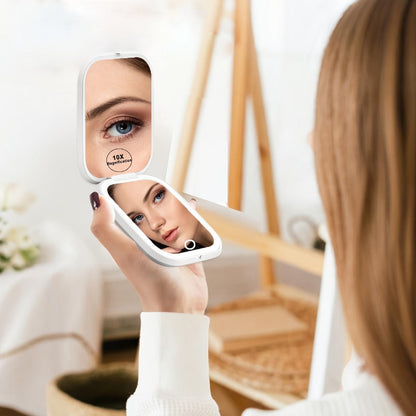 Compact Makeup Mirror with Light 10X Magnification, Rechargeable LED Pocket Mirror 3 Color Modes Adjustable Brightness 2-Sided Folding Purse Mirror for Women Travel Daily Use, Beauty Gift for Mom