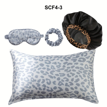 Four-Piece Leopard Print Pillowcase and Sleep Accessory Set with Three Exact Standard-Size Patterns