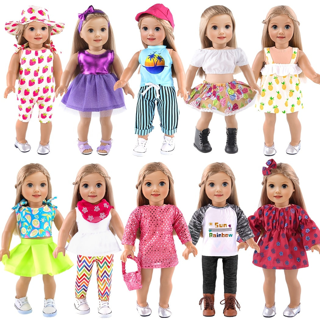 10-Outfit Doll Clothes Set for 18-Inch Dolls with Mixed Dresses, Tops, Pants, Skirts and Headwear