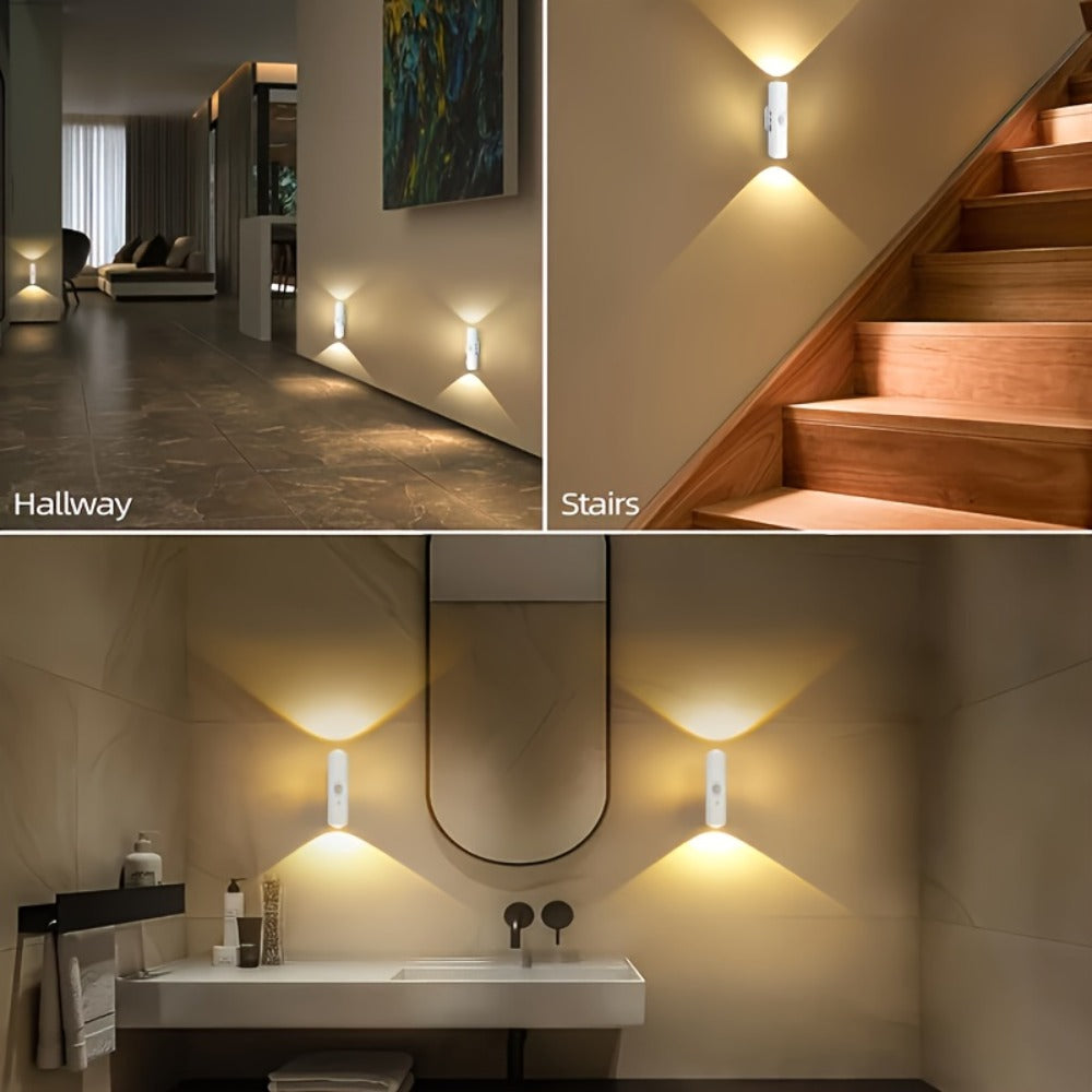 Cat Eye LED Wall Light Motion Sensor – 6 Pack USB Rechargeable Night Lamp, 3 Color Settings, Wireless Auto Sensing No Wiring for Bedroom Stairs Closet Bathroom Hallway (RGB / Three Colors)