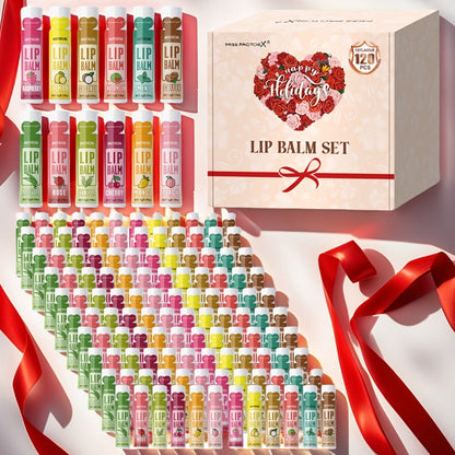 Lip Balm 120-Piece Bulk Set with 12 Flavors, Glossy Twist-Up Tubes and Divided Gift Box Packaging