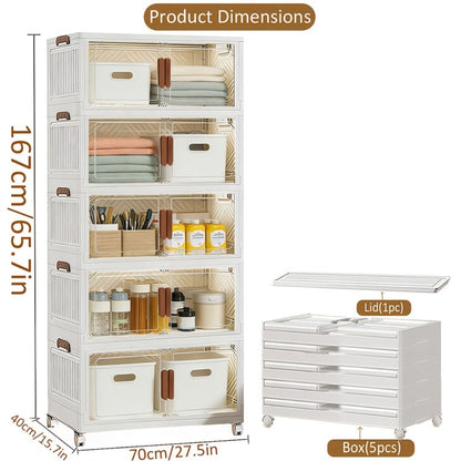 Stackable Storage Cabinet with Doors and Wheels | Collapsible Plastic Locker 1-5 Layers Large Capacity Home Organization for Bedroom Living Room Kitchen Easy Assembly Space Saving