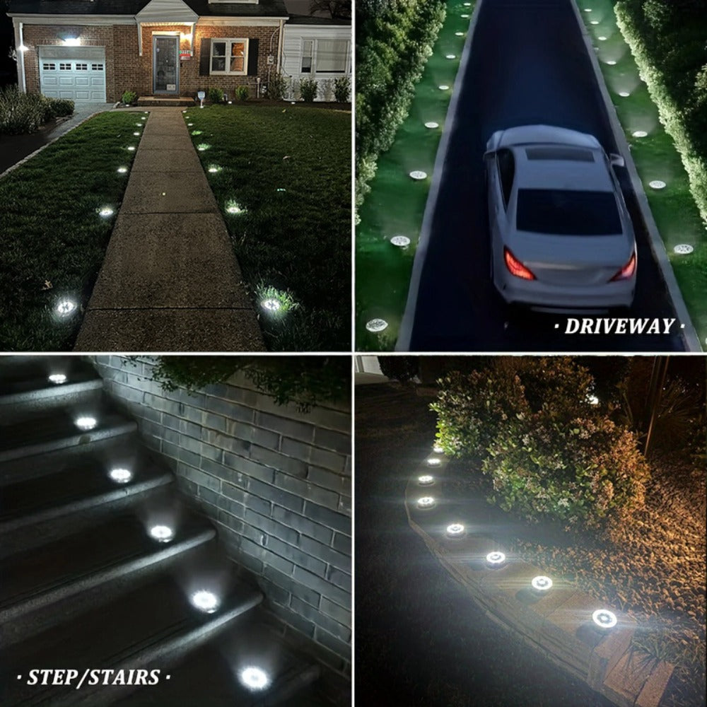 Solar Ground Lights 8 Pack 8-LED - Ultra Bright Semi-Recessed Outdoor Floor Lights for Garden Pathway Driveway Deck Staircase Pool, Warm White Dusk to Dawn Solar Step Lights Weatherproof