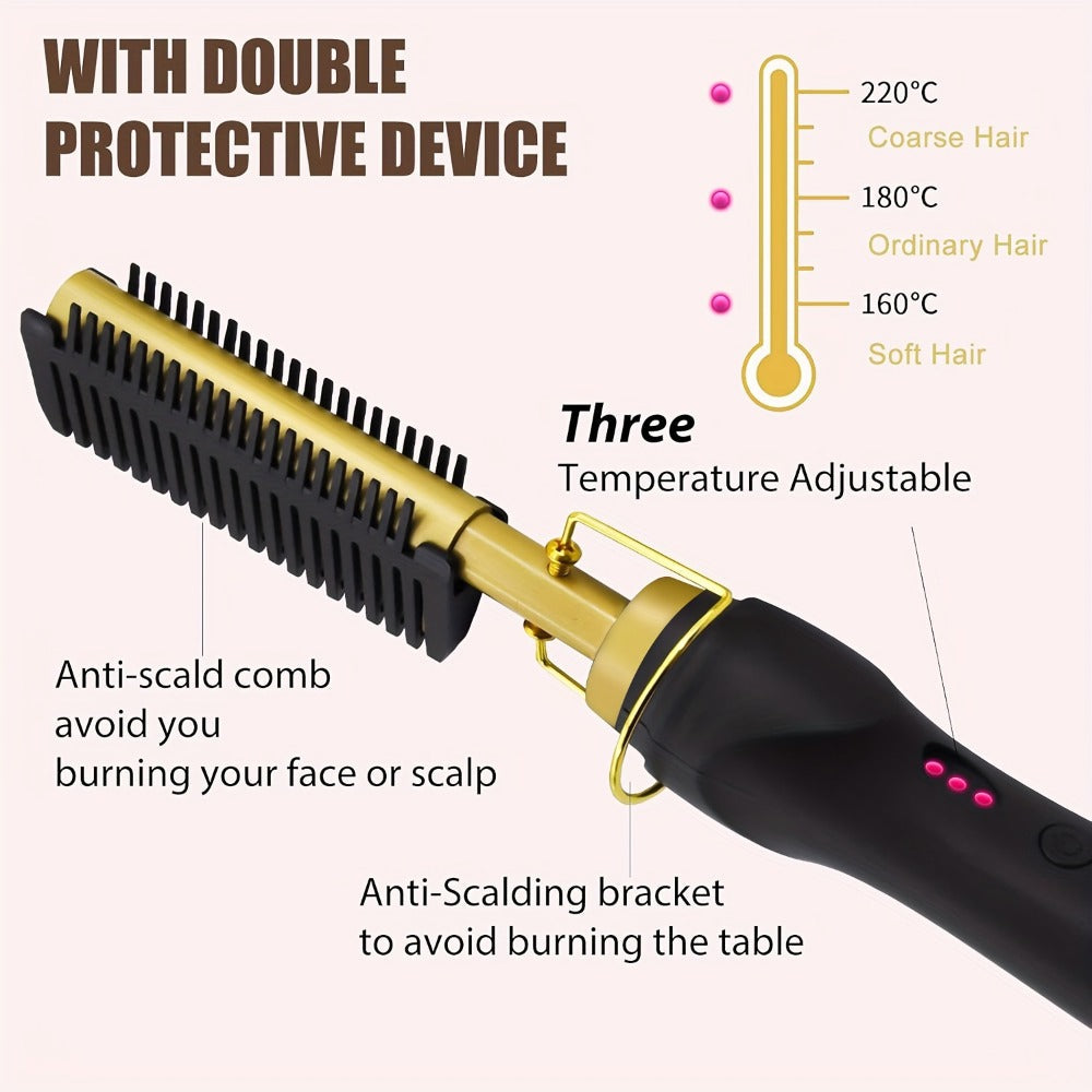 Electric Hot Comb Hair Straightener with Gold Titanium-Alloy Teeth, Detachable Guard and Adjustable Heat Controls
