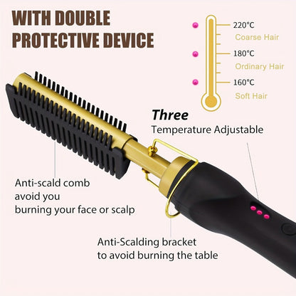 Electric Hot Comb Hair Straightener with Gold Titanium-Alloy Teeth, Detachable Guard and Adjustable Heat Controls