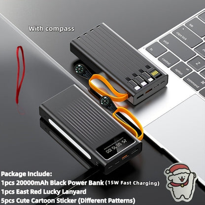 Power Bank 10000-30000mAh with 15W Charging, Four-in-One Cable and Four-Mode Camping Light