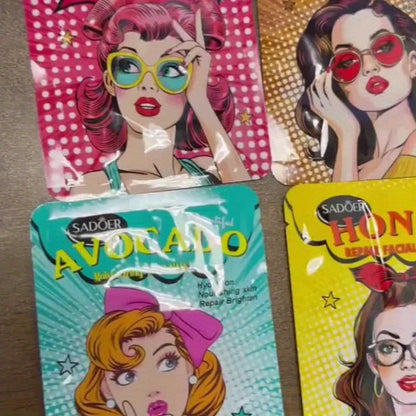 Sixteen-Piece Sheet Mask Assortment with Illustrated Fruit and Honey Labels in Individual Pouches