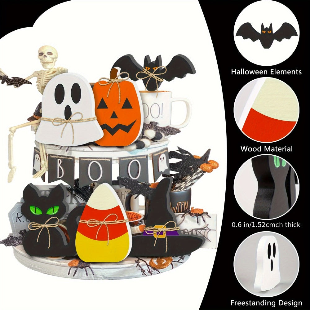 Halloween Wooden Decorations Set of 6 – Freestanding Rustic Table Signs with Pumpkin, Ghost, Bat, Black Cat, Witch Hat & Candy Corn, Farmhouse Tiered Tray & Mantle Decor