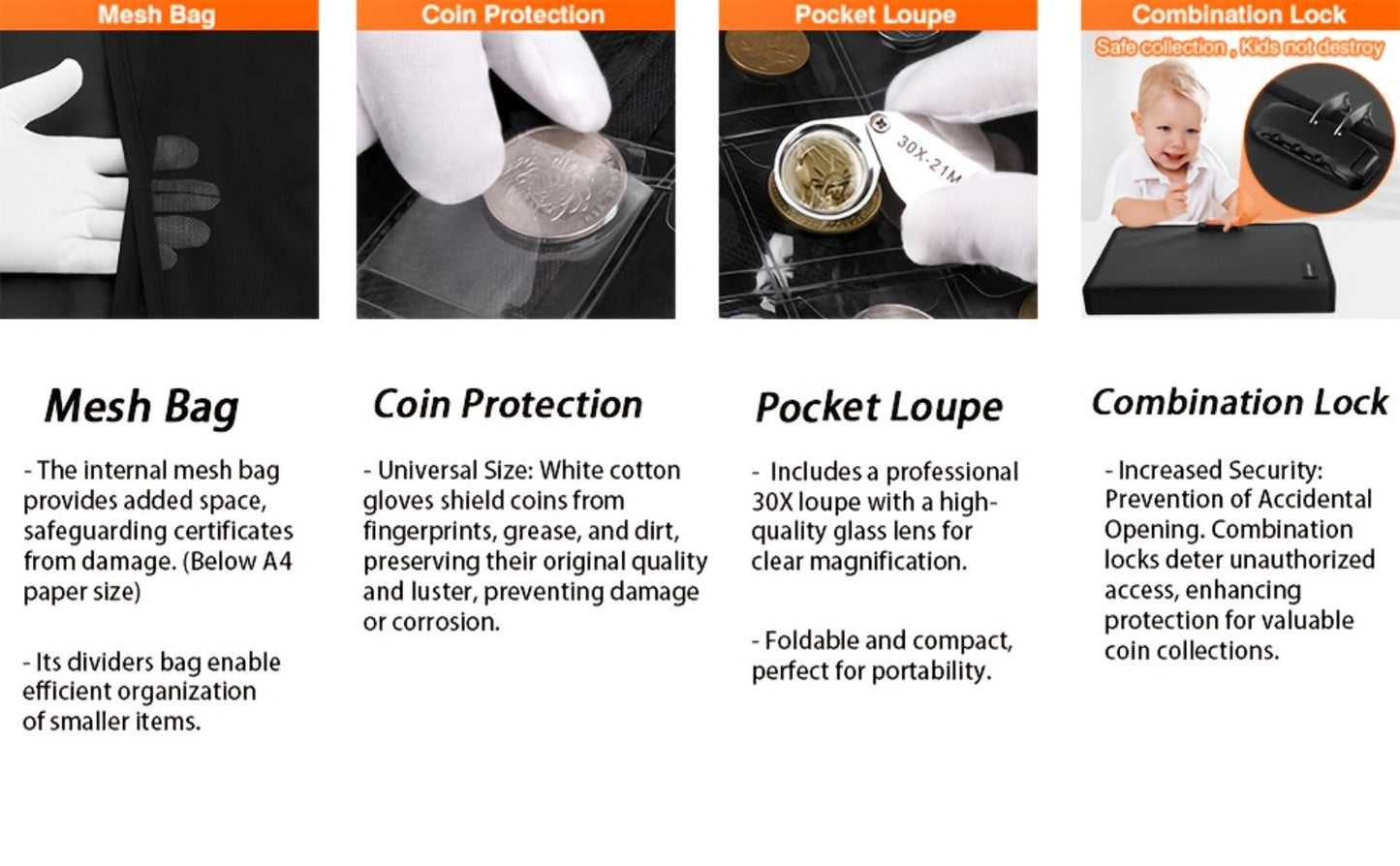 Locking Coin and Currency Collection Album with 300 Coin Pockets and 72 Bill Sleeves in a Black Carrying Case