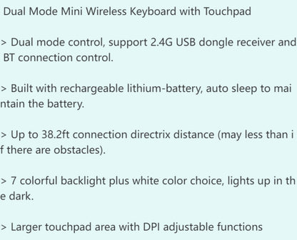 Wireless Mini Keyboard with Large Touchpad & 7-Color Backlight – Bluetooth & 2.4G Dual Mode Handheld Keyboard Remote Control, Rechargeable, USB Dongle, Plug and Play for TV Box PC Smart TV