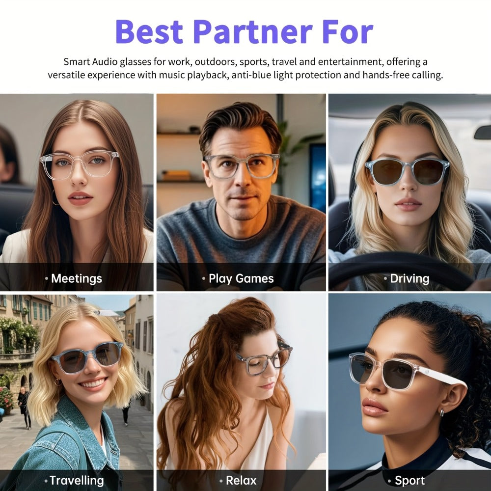 Bluetooth Smart Glasses with Photochromic Auto Dimming Lenses & Anti Blue Light – Wireless Built-in Speaker | Music & Hands-Free Calls | Magnetic Charging | Black White Gold Blue | Wearable Tech Gift