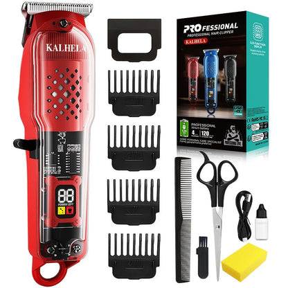 Retro Transparent Hair Clippers for Men – Electric Trimmer with LCD Display, USB Rechargeable Beard Clipper for Pompadour Fade Styles, Cordless Home Barber Tool, Red Black Blue