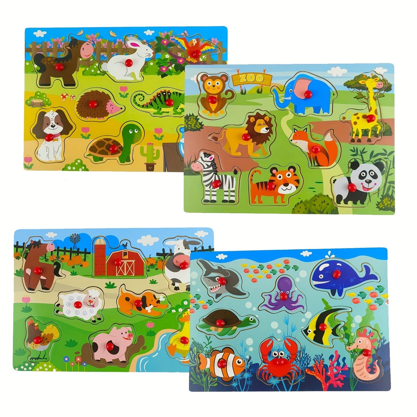 Four-Board Wooden Peg Puzzle Set with Colorful Animal Scenes and Red Knob Pieces for Matching Play
