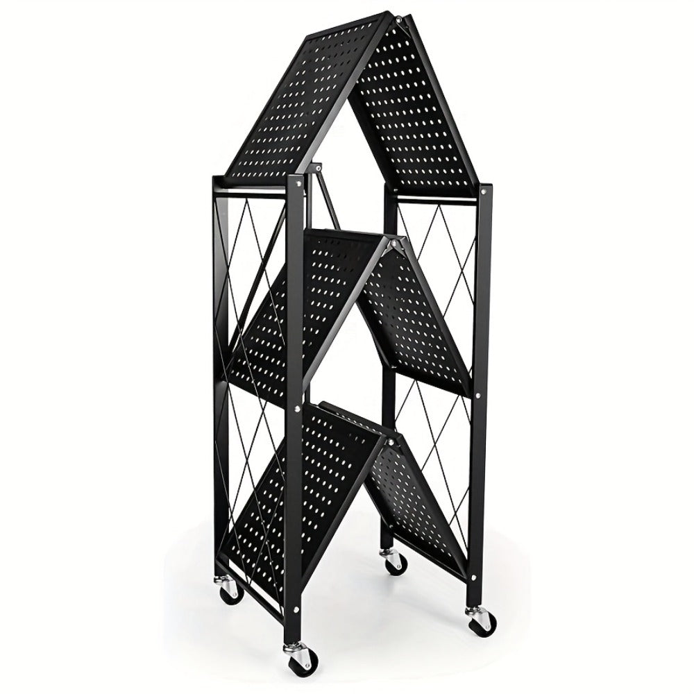 Three-Tier Foldable Storage Rack with Black Iron Shelves, Caster Wheels and 62cm-Wide Frame