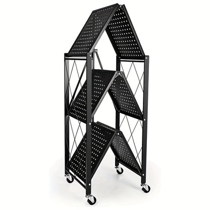Three-Tier Foldable Storage Rack with Black Iron Shelves, Caster Wheels and 62cm-Wide Frame