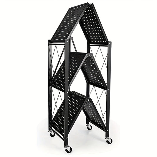 3 Tier Foldable Storage Rack with Wheels Heavy Duty Black Iron Shelving Unit for Garage Kitchen Pantry Utility Multi-Purpose Organizer