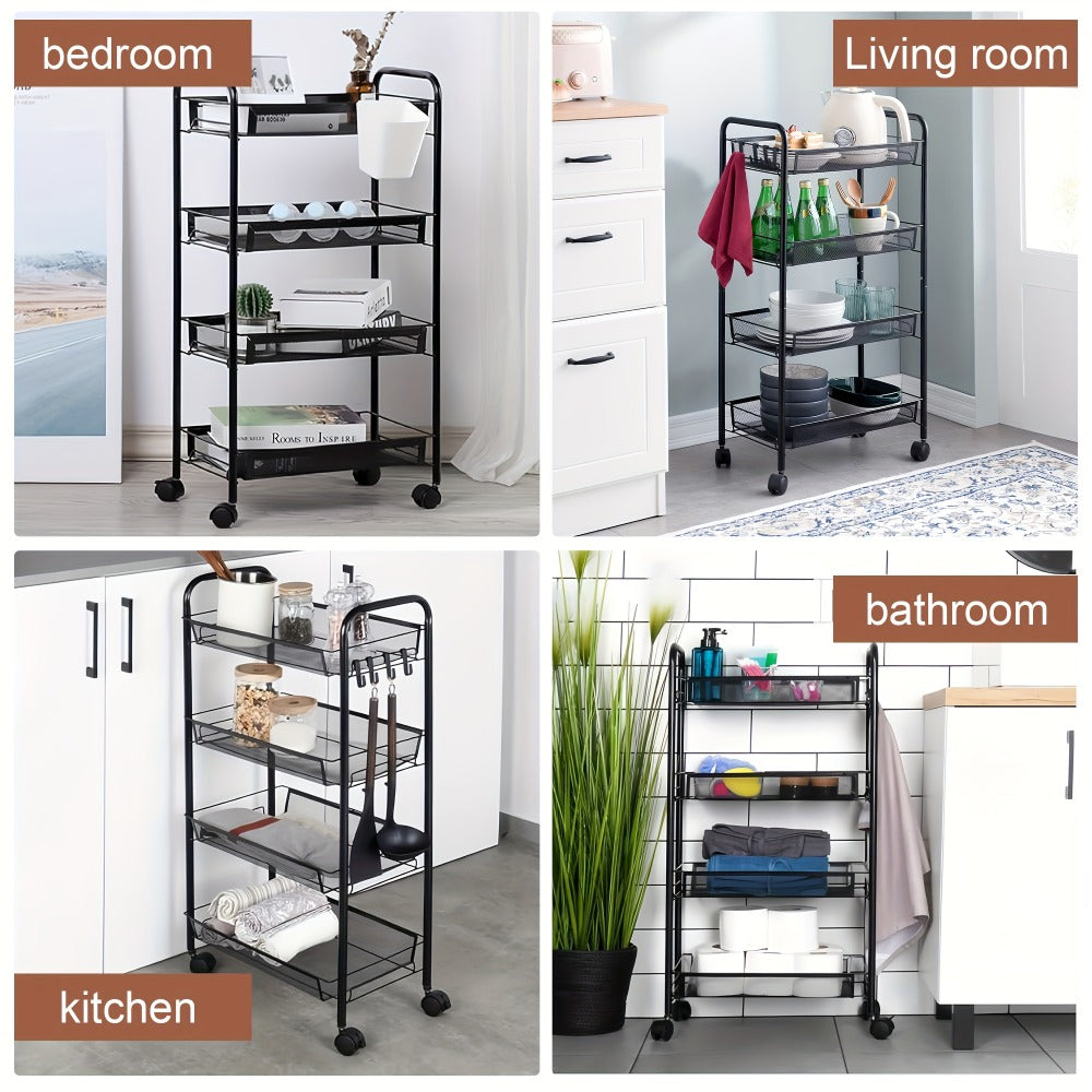 Three-, Four- or Five-Tier Black Carbon Steel Rolling Storage Cart with Detachable Wire Baskets