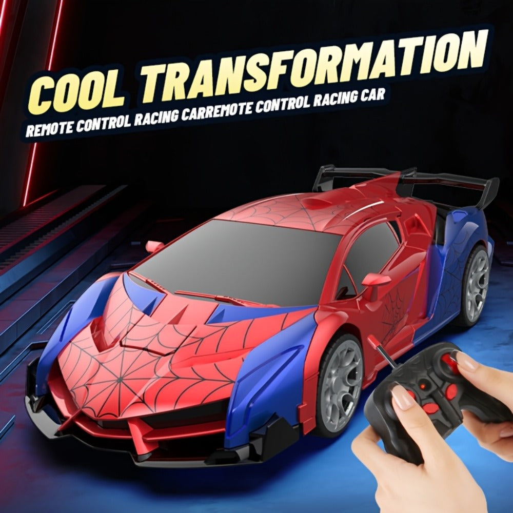 Remote Control Car, 1:18 Transforming Robot Model with Police or Spider Theme, One-Button Change, LEDs and 360° Drift