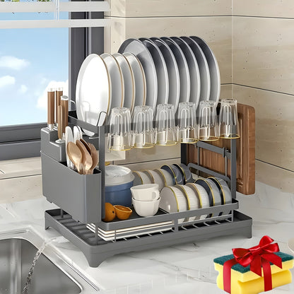 Two-Tier Dish Drying Rack with Drainboard - Metal Kitchen Dish Holder with Drainage for Countertop, Two-Level Dish Drainer for Plates, Cups & Utensils, Single or Double Layer, Black White Gray