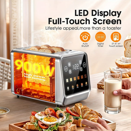 Smart Digital Toaster 2 Slice Touch Screen – Stainless Steel with Memory Function, 5 Bread Types, 6 Shade Settings, 1.5-Inch Wide Slot, 900W Fast Toasting for Home Kitchen