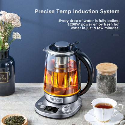 1.7L Glass Tea Kettle with 1200W Heating, Nine Temperature Presets, Removable Infuser and 2-Hour Keep Warm