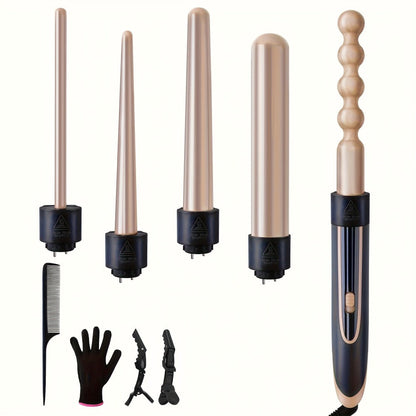 5-in-1 Curling Wand Set Ceramic Interchangeable Barrels 0.4-1.25 Inch - 30s Fast Heat Dual Voltage Auto Shut-Off Hair Curler Iron with Heat Glove for Women Long Short Hair