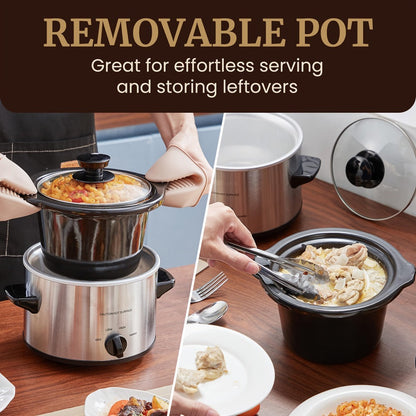Mini Slow Cooker 1.5QT & 2.0QT with Adjustable Temperature Ceramic Crock & Dishwasher Safe Glass Lid – Small Slow Cooker for Sauces Dips Soups Stews, Stainless Steel & Black