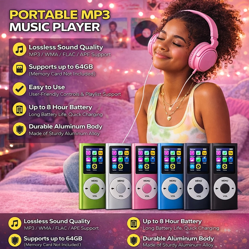 MP3 MP4 Player for Students 128GB Expandable, 8-Hour Battery HiFi Lossless Sound, 1.8 Inch Color Screen, FM Radio, Voice Recorder, E-Book Reader, English Listening Learning Device