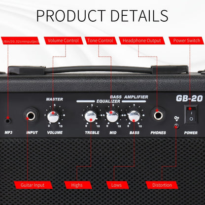 20W Electric Bass Guitar Amplifier with 6.5-Inch Speaker, Volume Treble Bass Middle Controls, Headphone Output Jack, AUX Input for MP3, Portable Practice Amp for Beginner & Home Studio Use