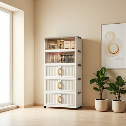 Foldable Plastic Storage Cabinet with Clear Ribbed Doors, Wheels and Large 1-, 3- or 5-Layer Options