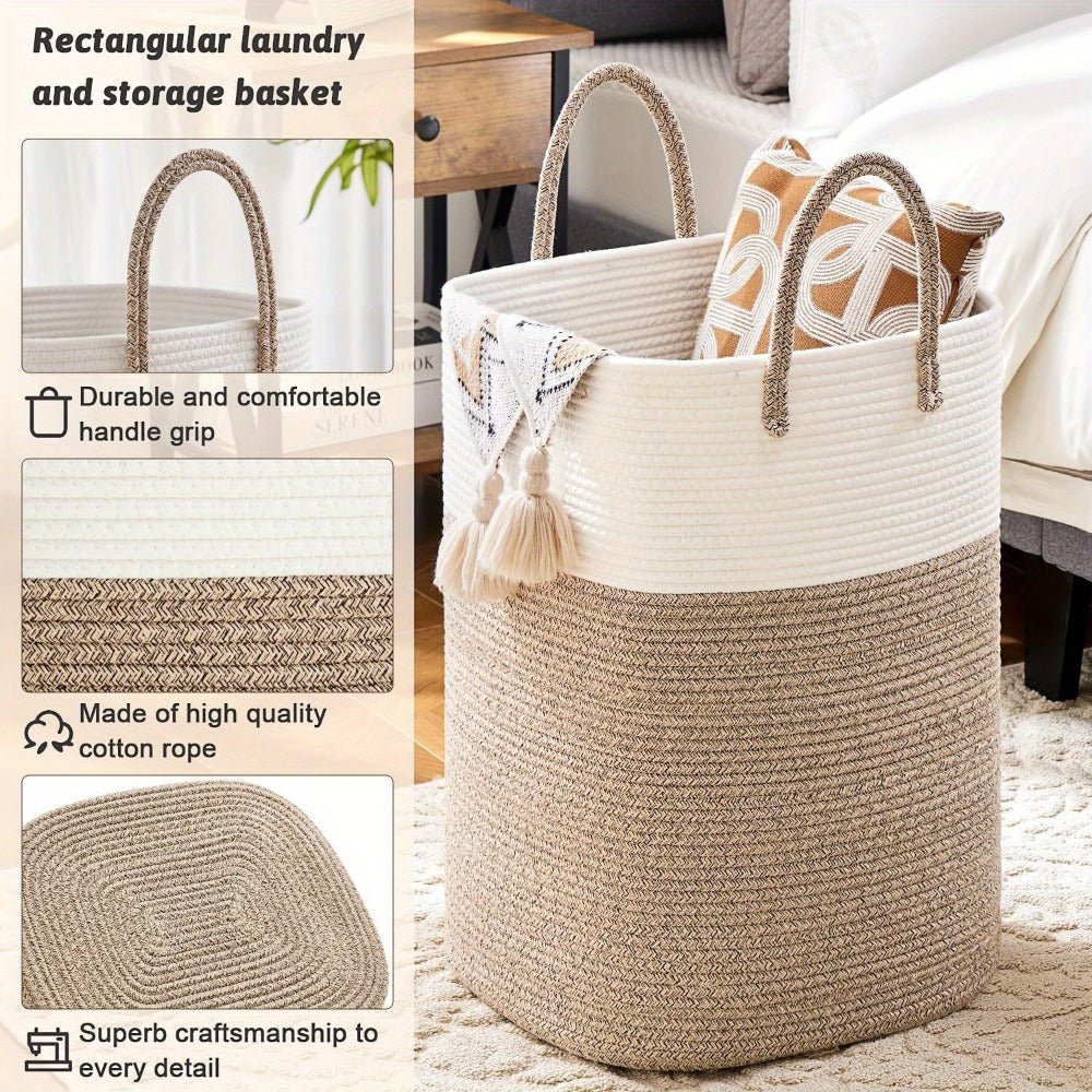 Woven Cotton Rope Laundry Basket with Twin Handles, 40L to 100L Sizes and Five Two-Tone Color Options