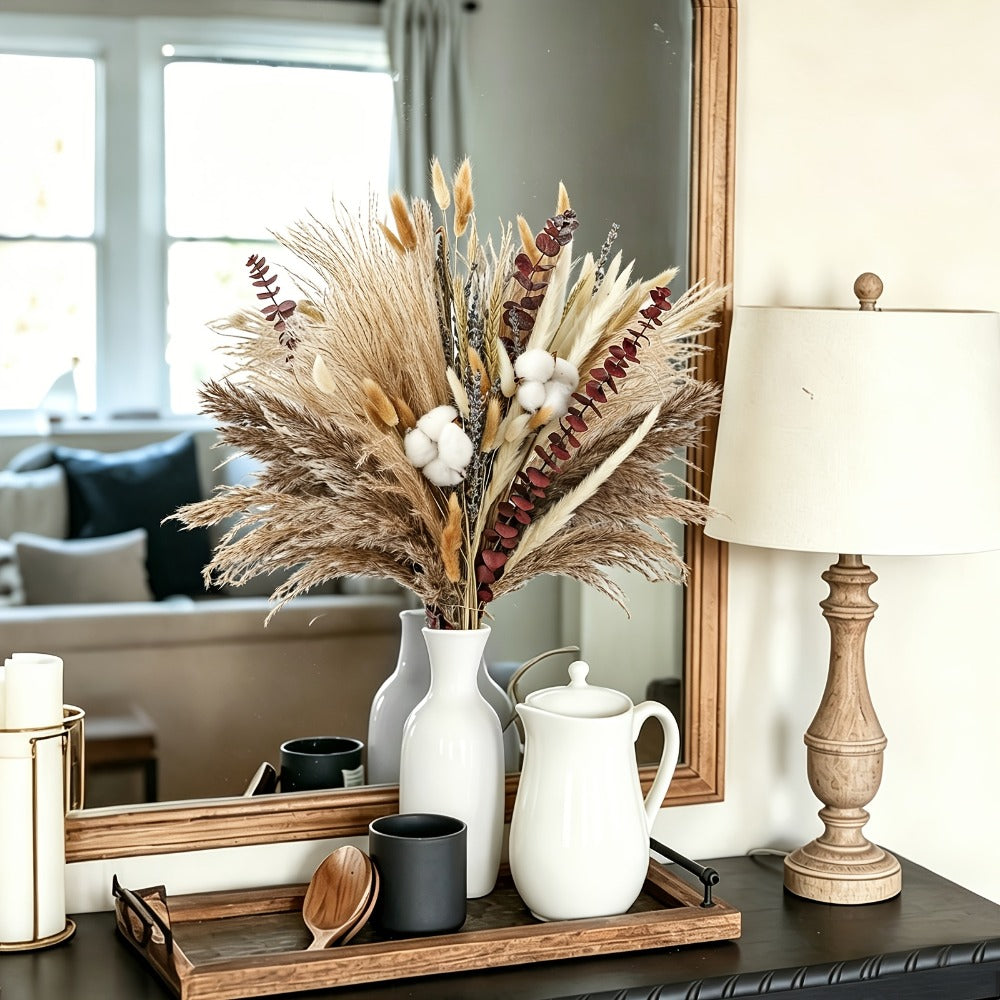 Natural 80-Piece Dried Flower Bouquet with Pampas Grass, Bunny Tails, Eucalyptus, Lavender and Wheat