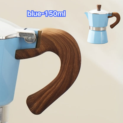 Classic 150ml Stovetop Moka Pot with Faceted Body, Wood-Look Handle and Seven Color Options