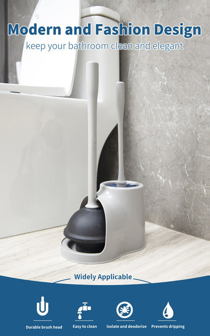 Toilet Plunger and Bowl Brush Combo with Separate Holders and Compact Gray Bathroom Storage Design