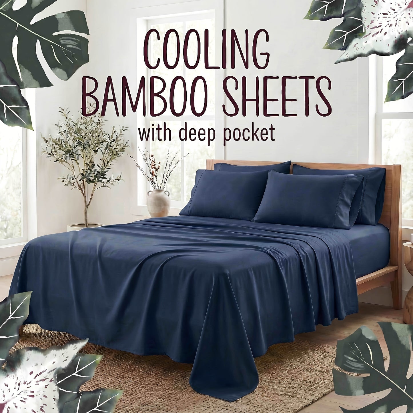 Bed Sheet Set 4-Piece Bamboo Fiber with Deep-Pocket Fitted Sheet, Four Sizes and Twelve Color Options
