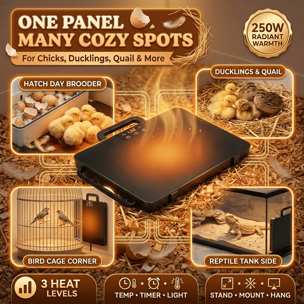 Brooder Heater 250W Heating Panel for Chicks, Ducklings & Quail | 3 Heat Levels, 4-Timer Settings, Digital Display, Dual Thermostat – Smart Heat Lamp Alternative for Coop & Brooder
