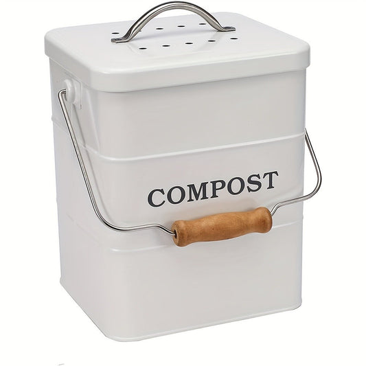 Kitchen Compost Bin 1 Gallon with Charcoal Filter & Wooden Handle, Odor-Free Indoor Countertop Food Waste Bin, Metal Compost Bucket for Home Kitchen, Available in Black, White, Gray, Green