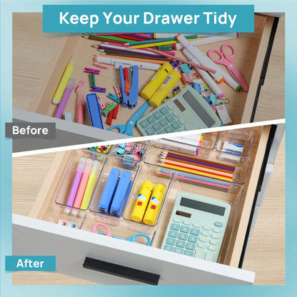 Drawer Storage Organizer Set 60-Piece Clear Plastic Bins in Four Sizes for Desk, Kitchen or Office