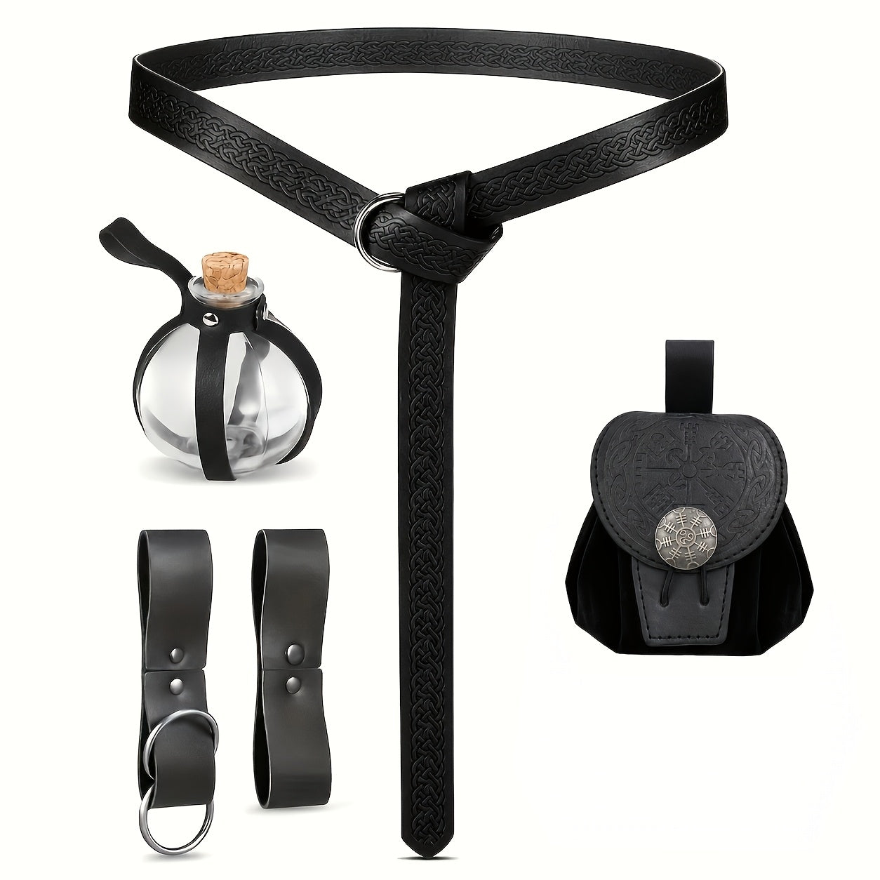 Costume Accessories 5-Piece Medieval Belt Set with Harness, Pouch, Bottle Holder and Two Color Options