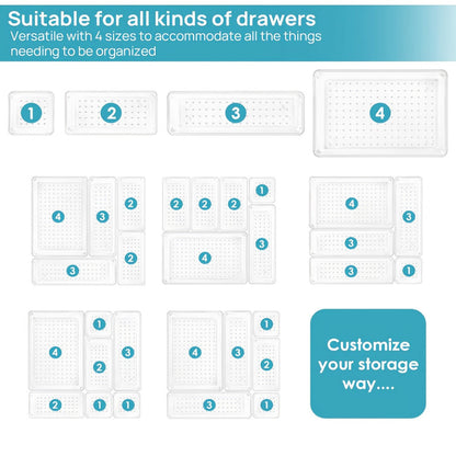 Clear Drawer Organizer Trays 25 Pack with 4 Sizes, Plastic Storage Bins for Desk Drawer Kitchen Flatware Cosmetics Dresser Under Bed Organization Dividers