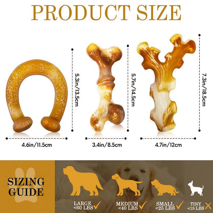 Three-Piece Dog Chew Toy Set with Branch, Bone and Ring Shapes in Milk Tea Brown for Supervised Play