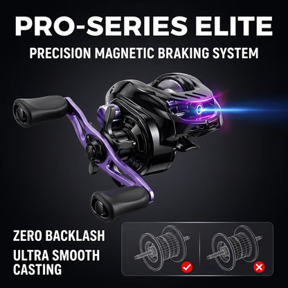 Black and Purple Baitcasting Fishing Reel with Left- or Right-Hand Retrieve and Dual-Paddle Handle